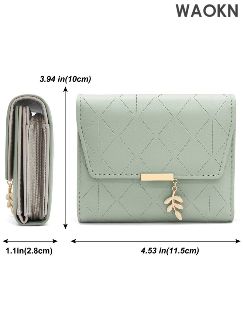 دبليو أيه أو كي أن محفظة نسائية صغيرة مصنوعة من جلد نباتي ناعم مع العديد من الجيوب، محفظة صغيرة للنساء مع فتحات للعملات والبطاقات، أخضر 1، عصري - Image 5