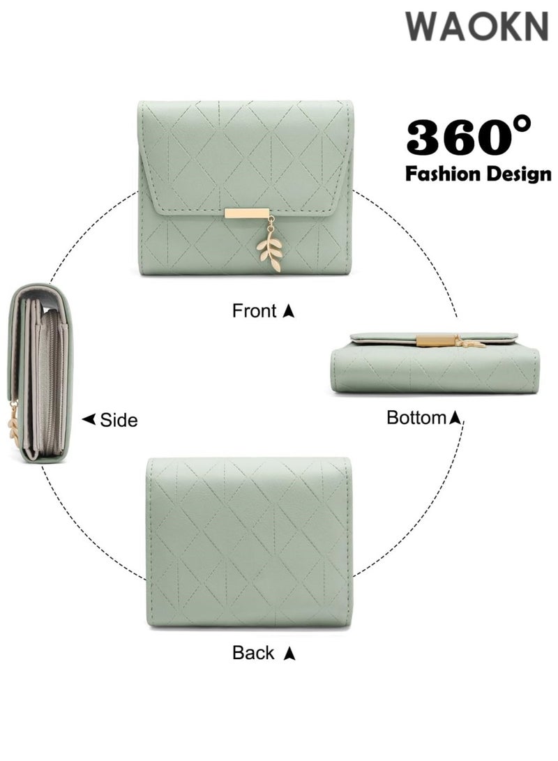 دبليو أيه أو كي أن محفظة نسائية صغيرة مصنوعة من جلد نباتي ناعم مع العديد من الجيوب، محفظة صغيرة للنساء مع فتحات للعملات والبطاقات، أخضر 1، عصري - Image 4