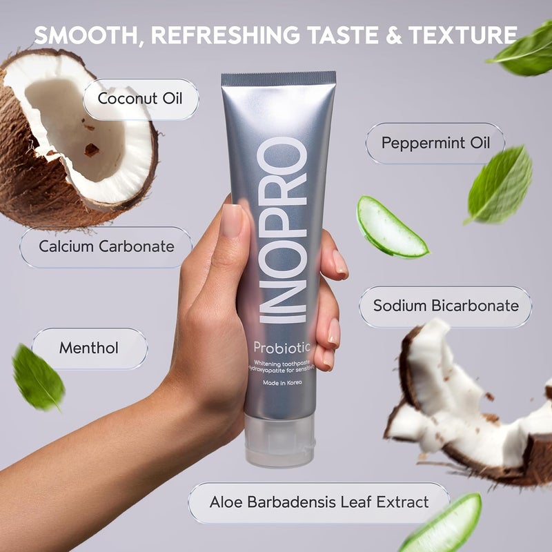 InoPro Whitening Hydroxyapatite Toothpaste with Probiotic for Sensitive Teeth Fluoride Free Enamel Repair Remineralizing Toothpaste SLS Free Baking Soda Coconut Oil 5oz - Image 3