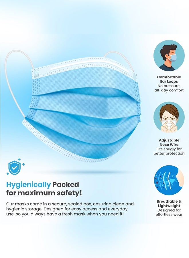 عبوة من 50 كمامة زرقاء للاستخدام مرة واحدة، ثلاث طبقات، قابلة للتنفس، مناسبة للبالغين، مثالية للاستخدام في الهواء الطلق، المنزل، المكتب، المدرسة - Image 3