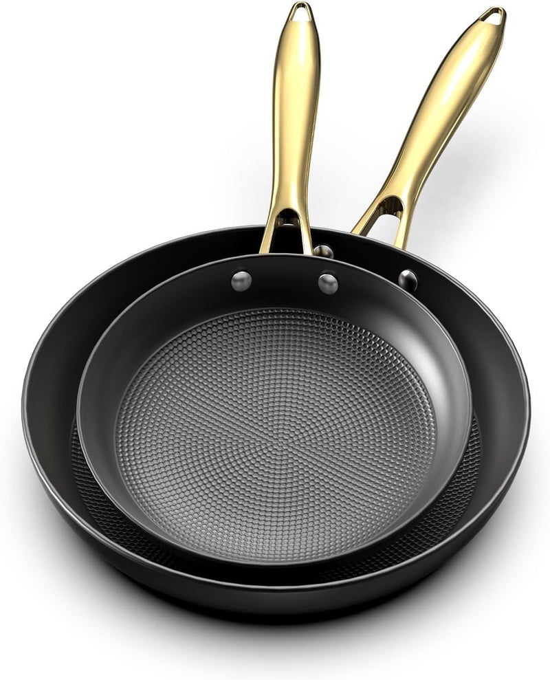 imarku Non Stick Frying Pans Professional Cast Iron Skillets 2 Pcs 8 Inch 10 Inch Frying Pans Nonstick Honeycomb Long Lasting Frying Pan Set Gold Handle Oven Safe Pan New Home Essentials