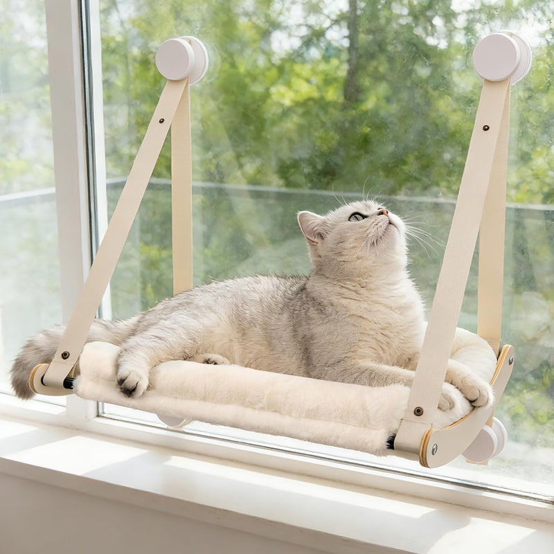 Kilodor Cat Window Perch, Cat Hammock for Window with 4 Strong Suction Cups - Easy Assembly, Solid Wood Frame with Large Cats Bed - Supports Up to 40lbs for Indoor Cats Beige - Image 1