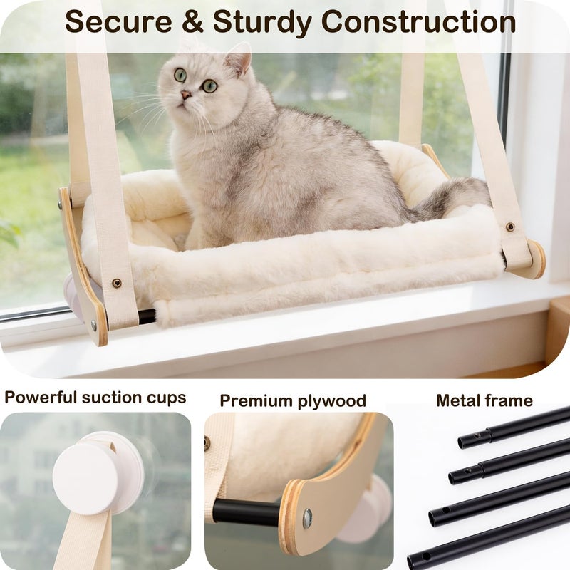 Kilodor Cat Window Perch, Cat Hammock for Window with 4 Strong Suction Cups - Easy Assembly, Solid Wood Frame with Large Cats Bed - Supports Up to 40lbs for Indoor Cats Beige - Image 4