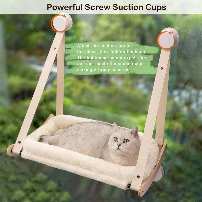 Kilodor Cat Window Perch, Cat Hammock for Window with 4 Strong Suction Cups - Easy Assembly, Solid Wood Frame with Large Cats Bed - Supports Up to 40lbs for Indoor Cats Beige - Image 5