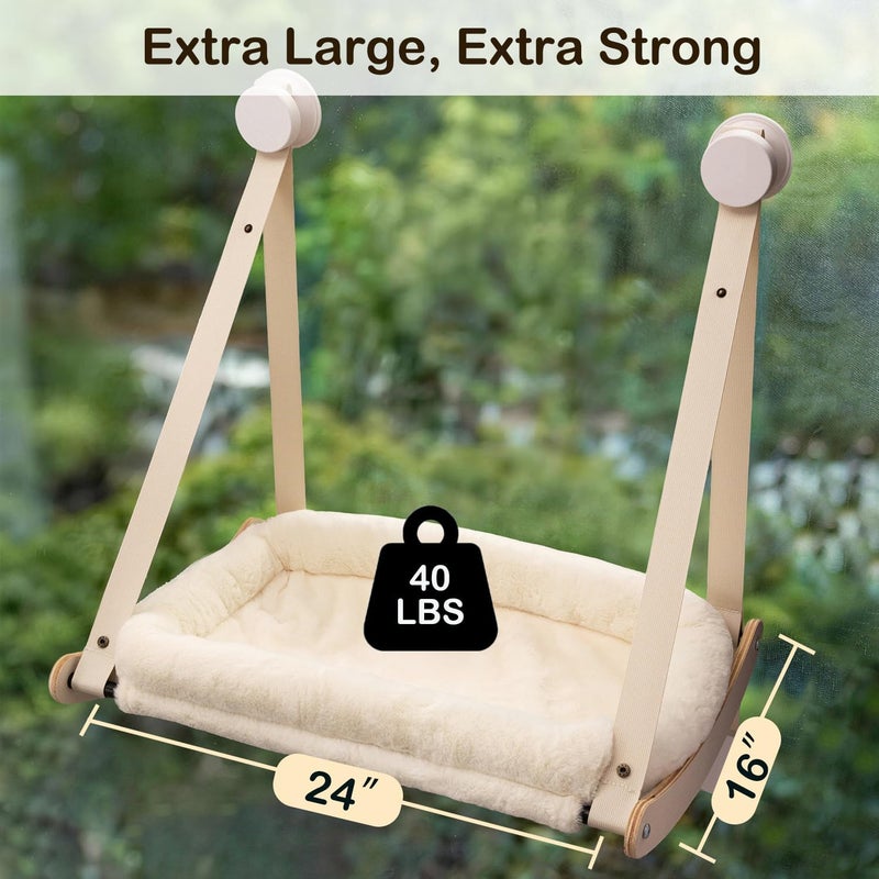 Kilodor Cat Window Perch, Cat Hammock for Window with 4 Strong Suction Cups - Easy Assembly, Solid Wood Frame with Large Cats Bed - Supports Up to 40lbs for Indoor Cats Beige - Image 2