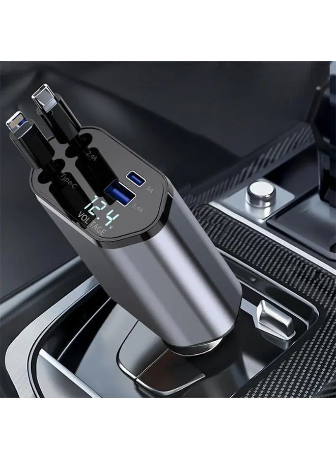 شاحن سيارة قابل للسحب 120 واط 4 في 1 للشحن السريع USB-C PD، مزود بكابلي لايتنينغ (Lightning) وتايب سي (Type-C)، ومنفذين USB مزدوجين، متوافق مع iPhone 16 وiPhone 15 وiPhone 14 Pro Max وSamsung S24 وSamsung S23 وiPad وPixel.