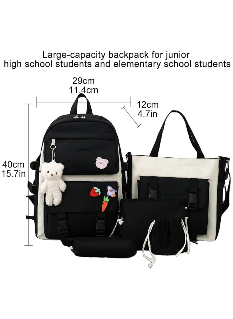 AUTOYSUR مجموعة من 5 قطع من حقائب الظهر، حقائب ظهر للأطفال، حقيبة مدرسية للأطفال، حقيبة ظهر كتب مدرسية للمراهقين، حقيبة ظهر سفر كرتونية، حقيبة كتف، حقيبة يد (أسود) - Image 3