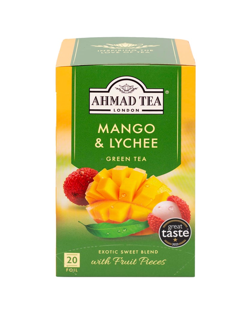 Ahmad Tea Mango & Lychee Flavored Green Tea with Fruit Pieces, 20 Count, Pack of 6 - Image 1