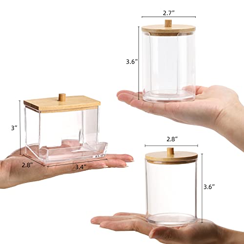 Tbestmax Bathroom Organizer Accessories Set-10 OZ,7 OZ Qtips Holder Storage with Brown Wood Lids, Cotton Ball/Swabs Dispenser, Apothecary Container Jar 3 Pcs - Image 2