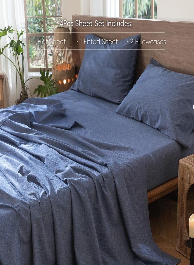 MooMee Bedding Sheet Set 100% Washed Cotton Linen Like Textured Breathable Durable Soft Comfy (Heathered Blue, Full) - Image 2