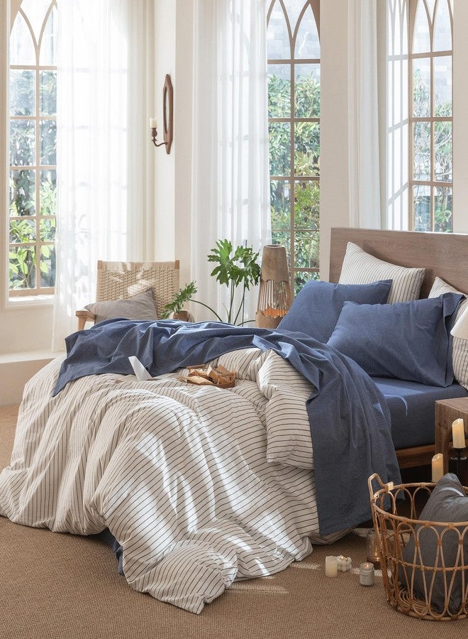 MooMee Bedding Sheet Set 100% Washed Cotton Linen Like Textured Breathable Durable Soft Comfy (Heathered Blue, Full) - Image 3