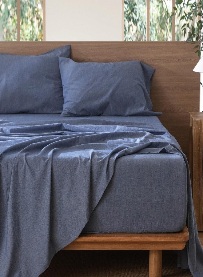 MooMee Bedding Sheet Set 100% Washed Cotton Linen Like Textured Breathable Durable Soft Comfy (Heathered Blue, Full) - Image 5