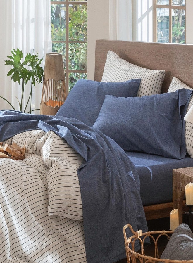 MooMee Bedding Sheet Set 100% Washed Cotton Linen Like Textured Breathable Durable Soft Comfy (Heathered Blue, Full) - Image 1