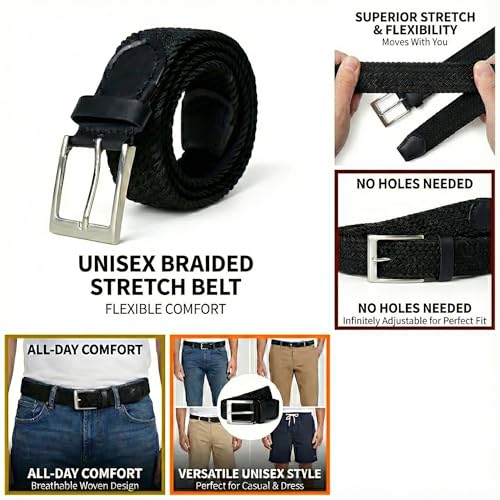 MaheTri Braided Canvas Stretchable Leather Belt, Premium Woven fabric Adjustable & Hole Free Belt for Men & Women (Black, Brown, Cream Black, Cream Brown) (Black, 34"-36" Waist Adjustable) - Image 2