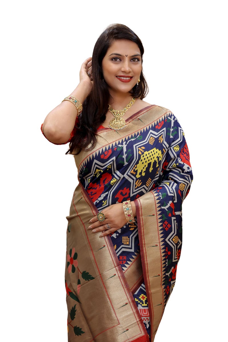 AMIRAT Paithani Patola Silk Beautiful saree For Women | Woven Zari Saree With Blouse Piece (Navy Blue) - Image 1