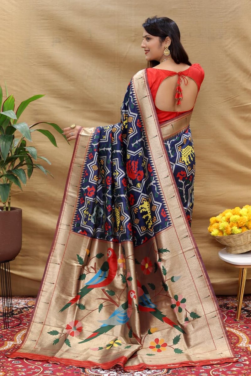 AMIRAT Paithani Patola Silk Beautiful saree For Women | Woven Zari Saree With Blouse Piece (Navy Blue) - Image 5