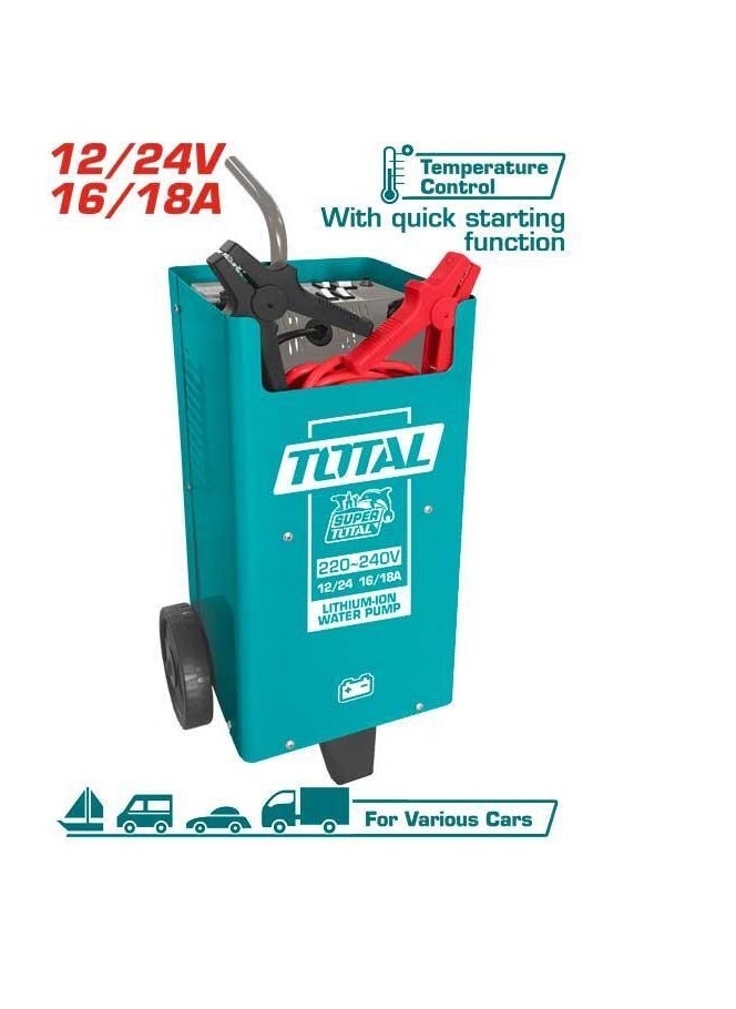 TOTAL - TOTAL 12/24V Battery Charger and Starter, 16/18A Charging & Boost Current, Normal & Quick Charging Functions for 70-300Ah Batteries, Auto Battery Jump Starter - Image 1
