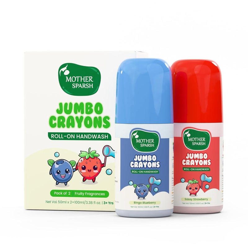 Mother Sparsh Mother Sparsh Jumbo Crayon RollOn Kids Handwash Pack of 2 Strawberry Blueberry Scented NonToxic Hand Wash for Kids Babies Paraben Free SLS Free Alcohol Free Colourful Soap Pen - Image 1