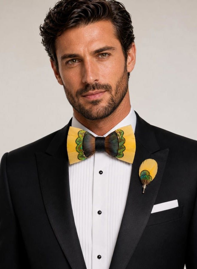 RBOCOTT Handmade Feather Pre-tied Yellow Bow tie and Brooch Sets for Men (15) - Image 2