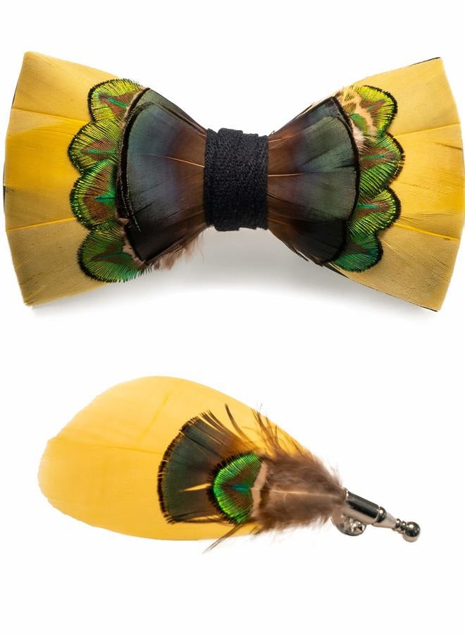 RBOCOTT Handmade Feather Pre-tied Yellow Bow tie and Brooch Sets for Men (15) - Image 1