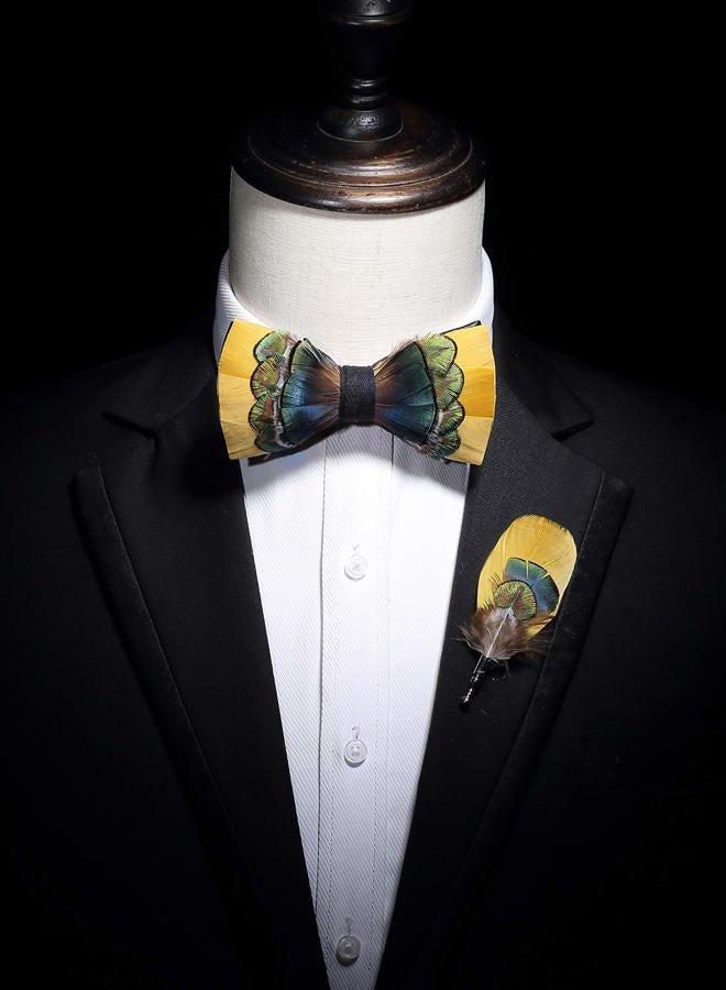 RBOCOTT Handmade Feather Pre-tied Yellow Bow tie and Brooch Sets for Men (15) - Image 5