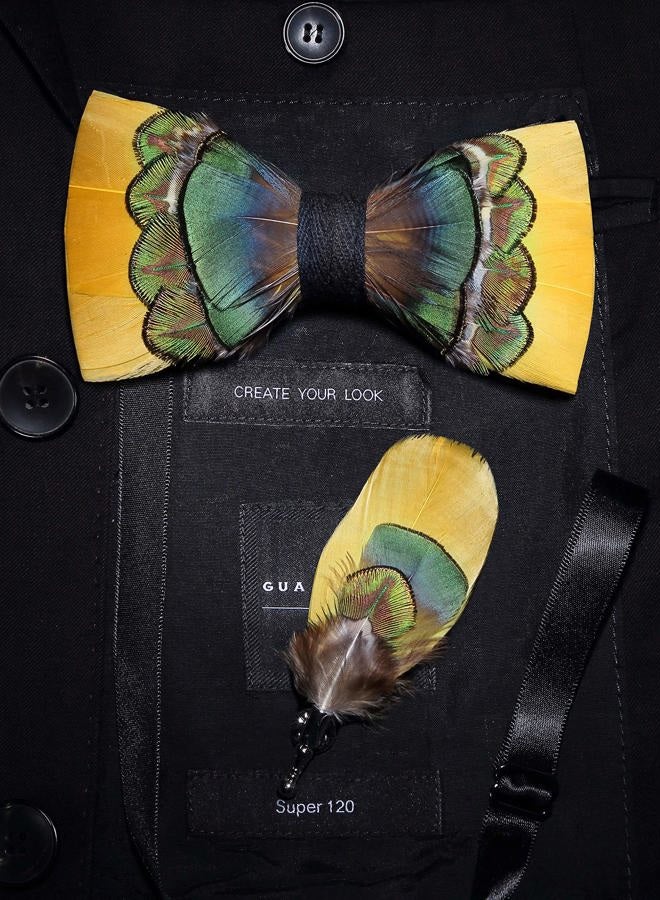 RBOCOTT Handmade Feather Pre-tied Yellow Bow tie and Brooch Sets for Men (15) - Image 3