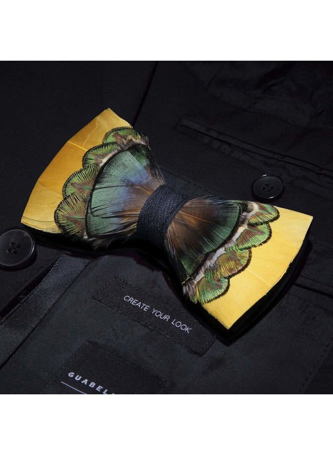 RBOCOTT Handmade Feather Pre-tied Yellow Bow tie and Brooch Sets for Men (15) - Image 4