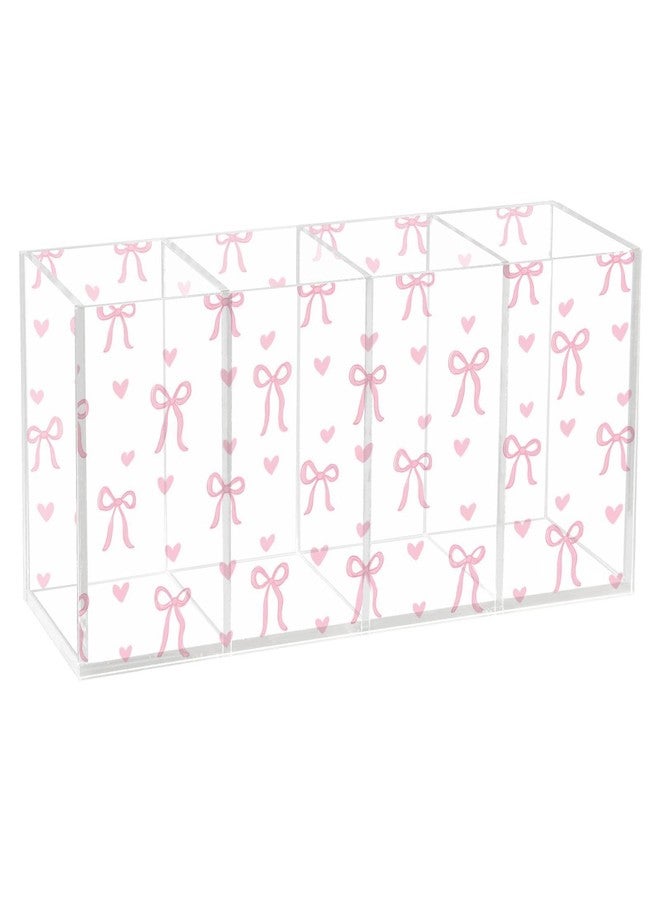 Aslsiy Cute Coquette Pink Bow Pen Holder White 4 Compartments Acrylic Pencil Holder Clear Makeup Brush Holder Desk Organizer Office Supplies - Image 1