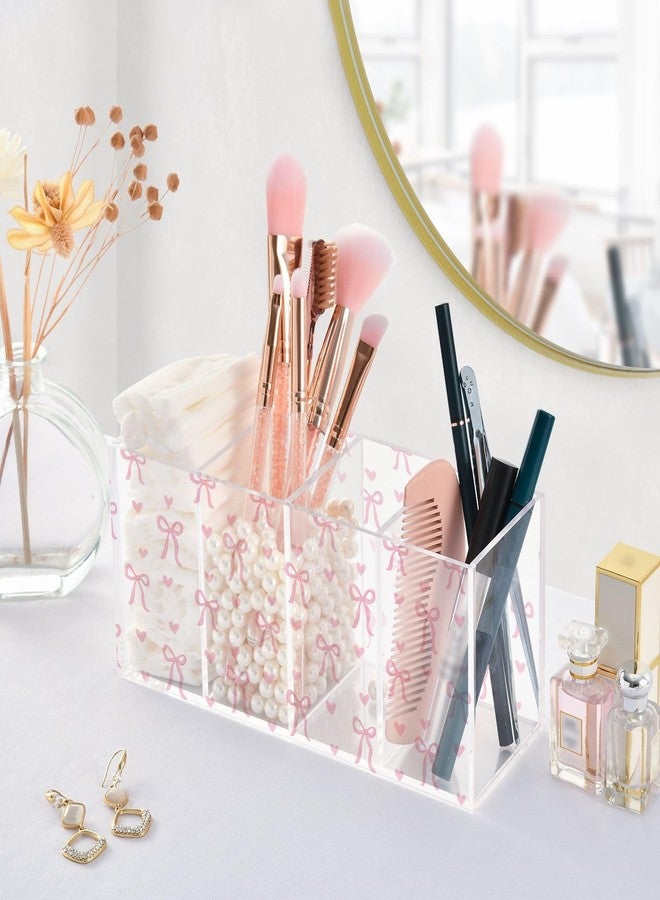 Aslsiy Cute Coquette Pink Bow Pen Holder White 4 Compartments Acrylic Pencil Holder Clear Makeup Brush Holder Desk Organizer Office Supplies - Image 4