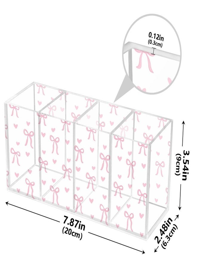 Aslsiy Cute Coquette Pink Bow Pen Holder White 4 Compartments Acrylic Pencil Holder Clear Makeup Brush Holder Desk Organizer Office Supplies - Image 2