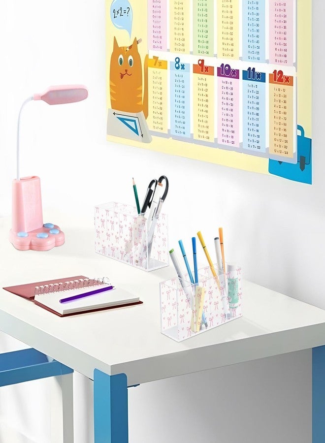 Aslsiy Cute Coquette Pink Bow Pen Holder White 4 Compartments Acrylic Pencil Holder Clear Makeup Brush Holder Desk Organizer Office Supplies - Image 5