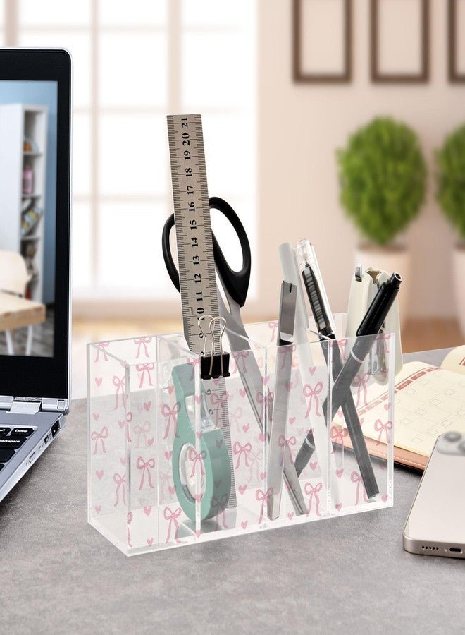 Aslsiy Cute Coquette Pink Bow Pen Holder White 4 Compartments Acrylic Pencil Holder Clear Makeup Brush Holder Desk Organizer Office Supplies - Image 3