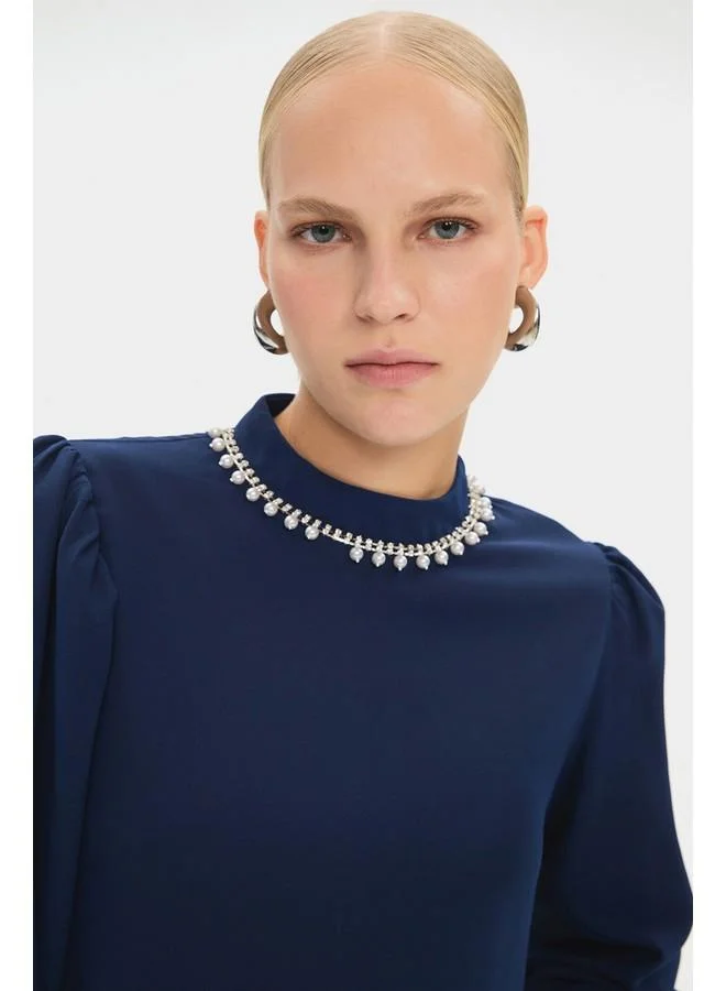 JUNE June Women HighNeck Stoned Waist Tie Detail Balloon Sleeve Dress Navy