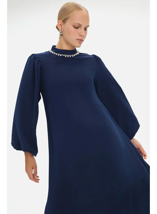 JUNE June Women HighNeck Stoned Waist Tie Detail Balloon Sleeve Dress Navy