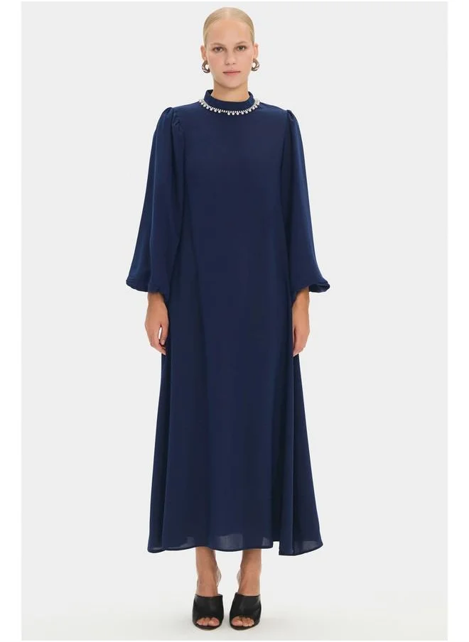 جون June Women HighNeck Stoned Waist Tie Detail Balloon Sleeve Dress Navy