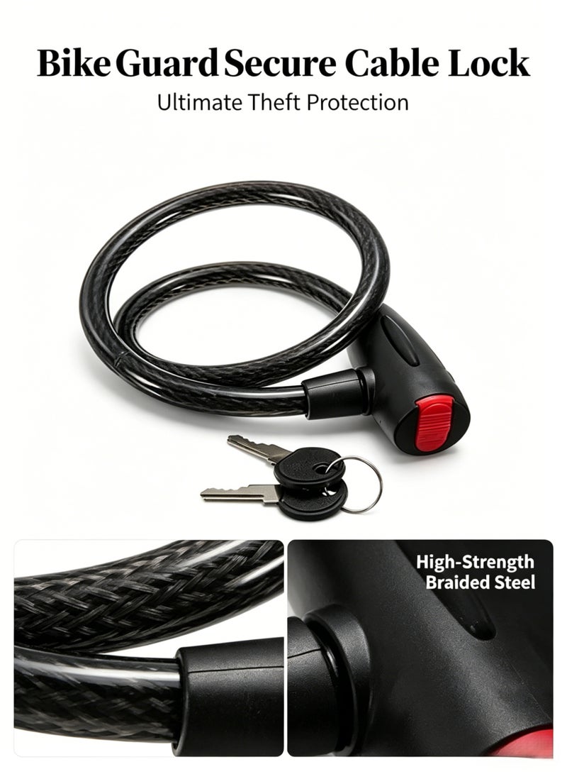 Stainless Steel Heavy Duty Bike Lock Cable, Anti-Theft Bicycle with 2 Keys, Weatherproof Lock, Mounting Bracket, Fits Bike, Motorcycle, Scooter, Black - Image 1