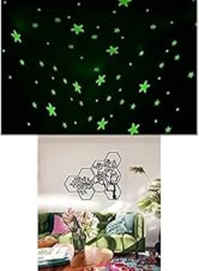 Bundle of 100 Pcs Home Wall Glow In The Dark Stars Stickers Kids Room Decoration + Tree Geometric Sticker wall art, 120x80