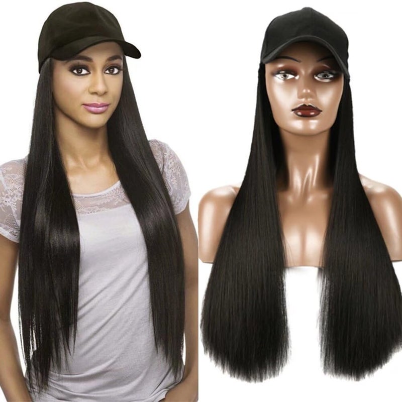 iLUU Baseball Cap with 2460cm Synthetic Hair Extensions Black Hat Straight Hair Long Natural Black Hairpiece Attached Hats Hair Pieces Wig for Women Daily Party Use natural black - Image 2