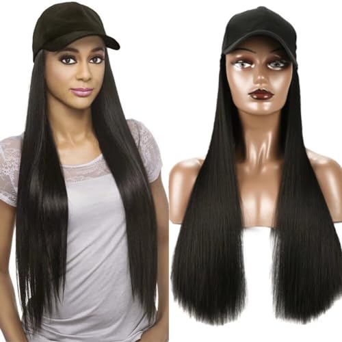 iLUU Baseball Cap with 2460cm Synthetic Hair Extensions Black Hat Straight Hair Long Natural Black Hairpiece Attached Hats Hair Pieces Wig for Women Daily Party Use natural black - Image 1
