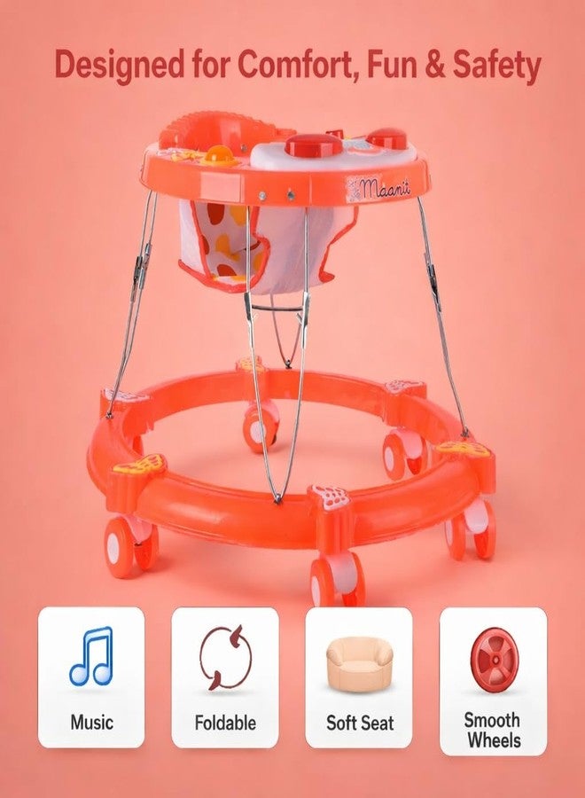 Maanit Musical 3 in 1 Butterfly design Baby Walker for 6-24 Months - 6-Wheel Adjustable Foldable Infant Walker with Cushioned Seat, 360° Rotating Wheels - Lightweight Safe Learning Walker for Toddlers (Red) - Image 2