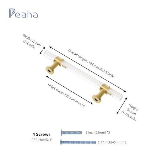 Peaha 10 Pack 4 Inch Acrylic Cabinet Pulls Gold Drawer Handles Brushed Brass Hardware Zinc Alloy for Dresser Cupboard Kitchen - Image 2