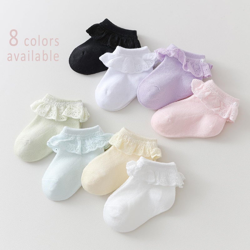 EPEIUS Baby Lace Socks Newborn Girl Eyelet Ruffle Socks Infant Toddler Dress Crew Sox 0-6/6-12/12-24 Months White 3 Pack XS - Image 5