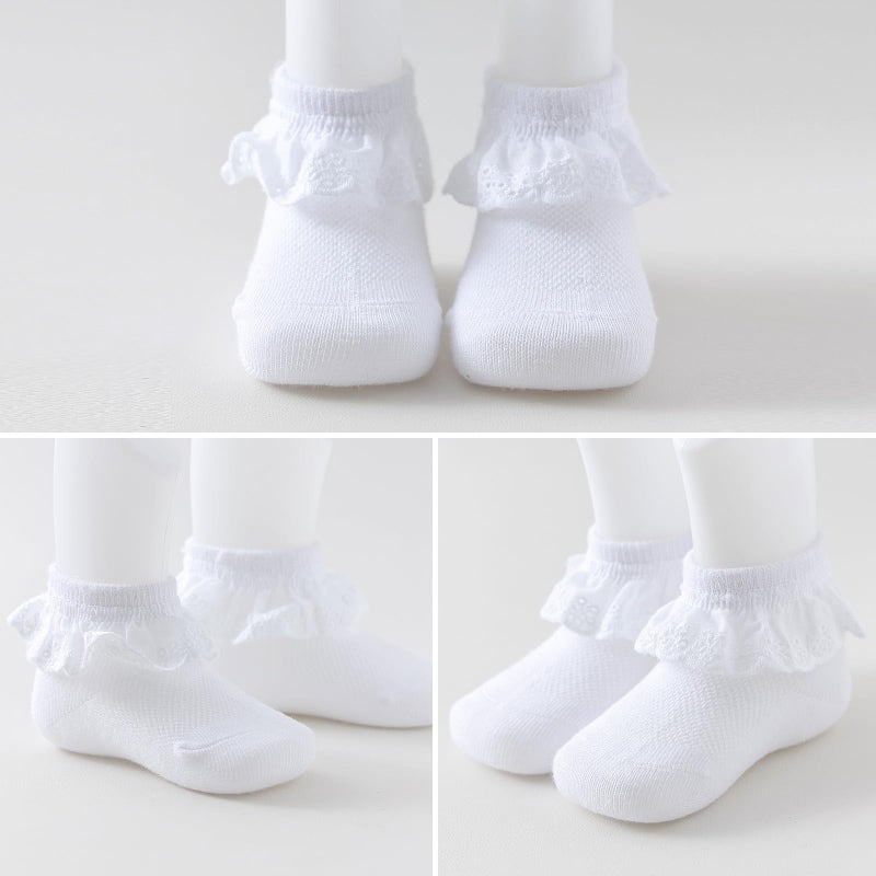 EPEIUS Baby Lace Socks Newborn Girl Eyelet Ruffle Socks Infant Toddler Dress Crew Sox 0-6/6-12/12-24 Months White 3 Pack XS - Image 3