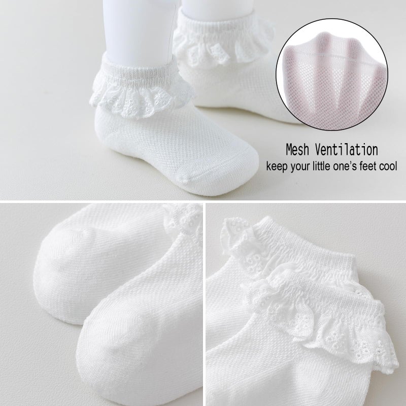 EPEIUS Baby Lace Socks Newborn Girl Eyelet Ruffle Socks Infant Toddler Dress Crew Sox 0-6/6-12/12-24 Months White 3 Pack XS - Image 4