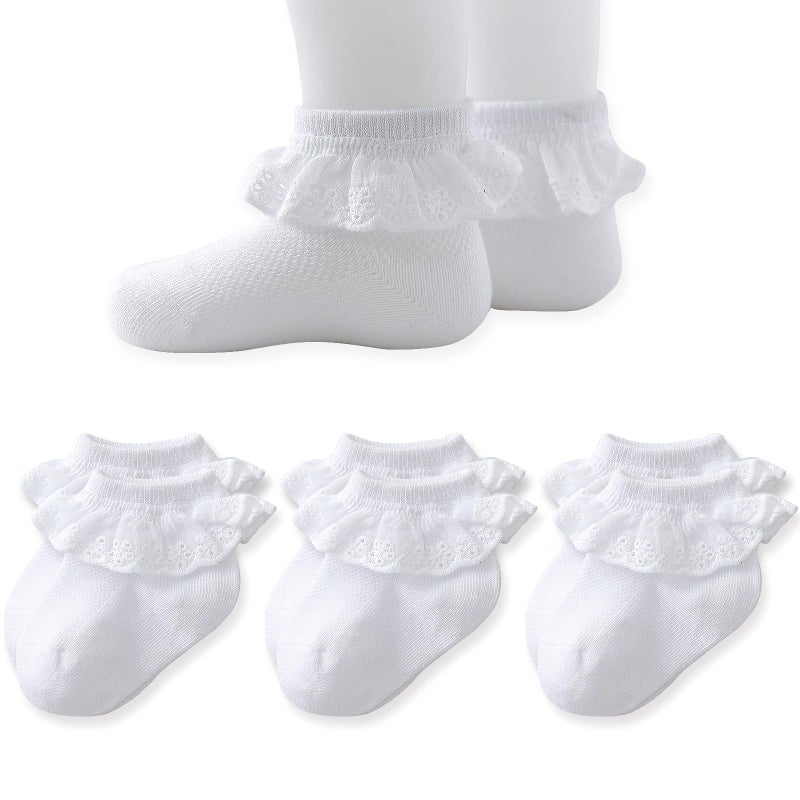 EPEIUS Baby Lace Socks Newborn Girl Eyelet Ruffle Socks Infant Toddler Dress Crew Sox 0-6/6-12/12-24 Months White 3 Pack XS - Image 1