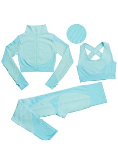 Striped Seamless Yoga Suit Long Pants Bra Set Aqua