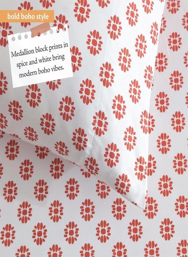 Indigo Ink ملاءات سرير إنديجو إنك - مقاس كوين، ناعمة ومقاومة للتجاعيد، طقم مفروشات مكون من 4 قطع، ديكور بوهيمي بنقشة ميدالية (مجموعة بانثر، مقاس كوين)، لون التوابل - Image 3