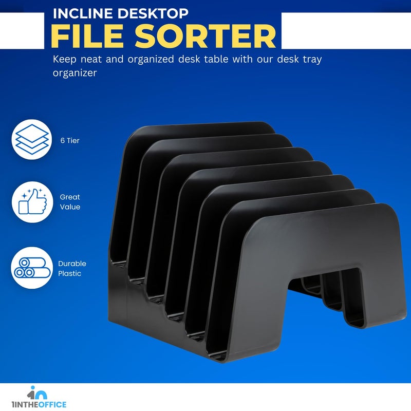 1InTheOffice Incline Desktop File Sorter, 6 Compartments Step Sorter, Black - Image 2