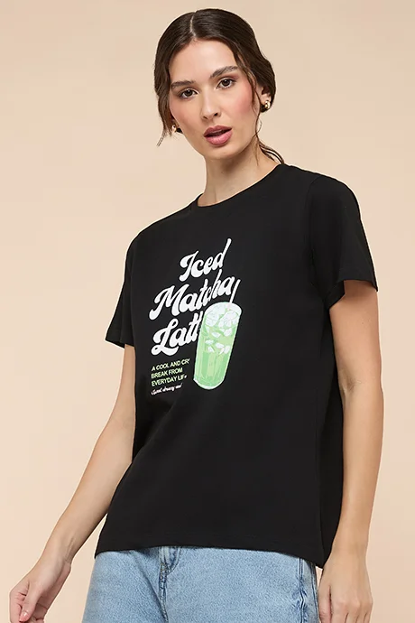أر أند بي Typography Print T-Shirt with Crew Neck and Short Sleeves