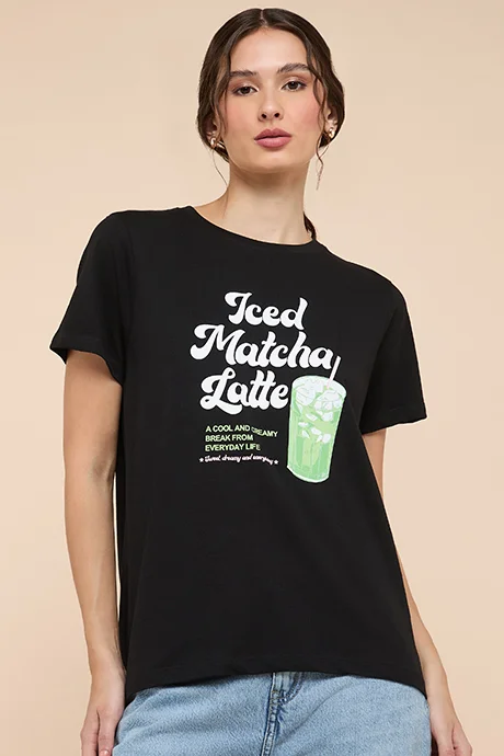 أر أند بي Typography Print T-Shirt with Crew Neck and Short Sleeves